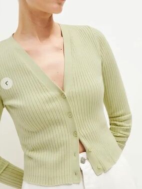 Reformation Light Green Ribbed V-Neck Button Cardigan